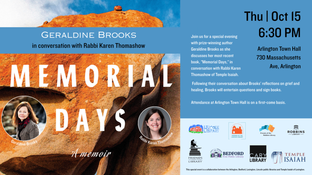 Poster for Geraldine Brooks event featuring headshots of Brooks, Rabi Thomashow, and logos for the groups involved.