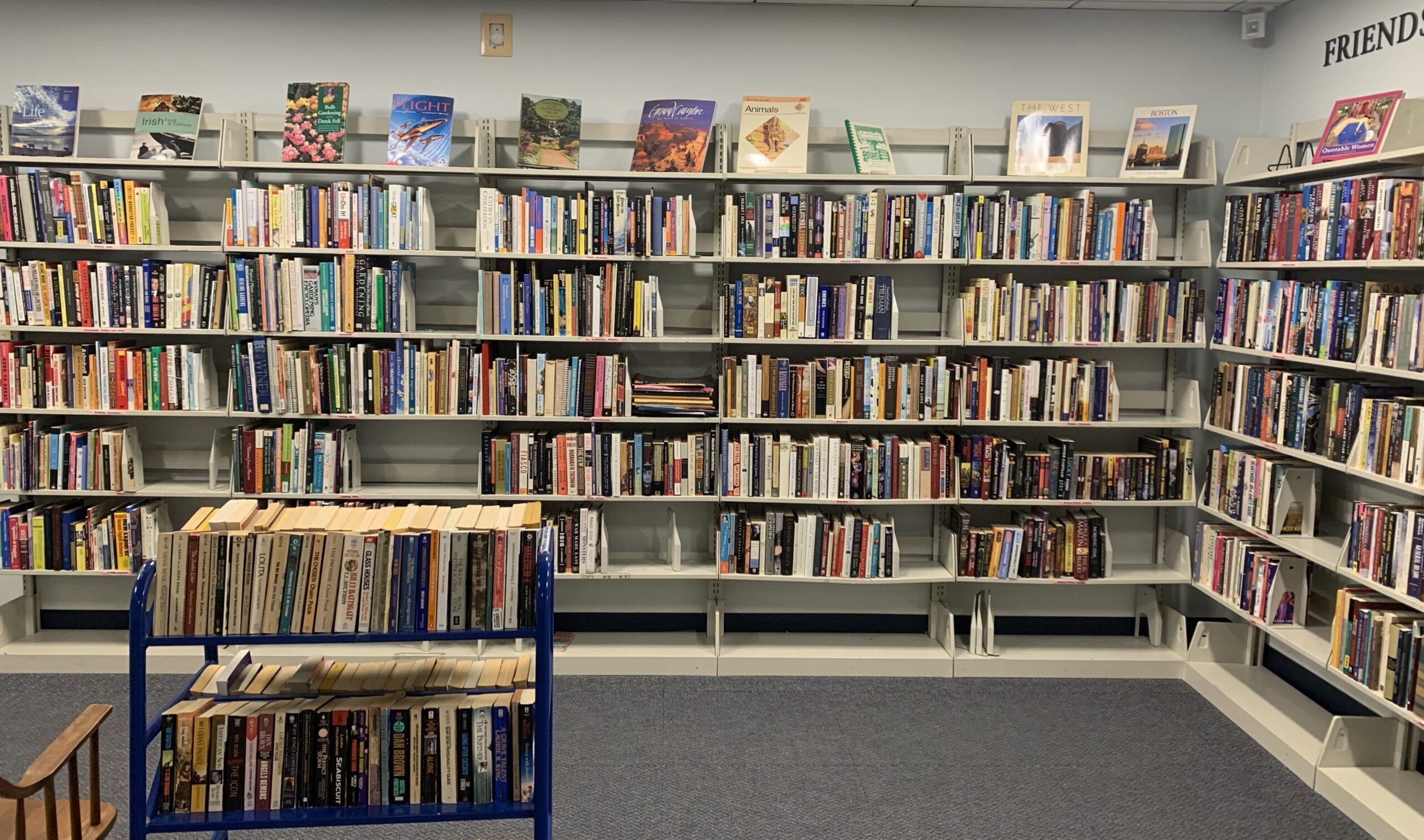 Book shelves in the Book Sale room in Robbins Library.