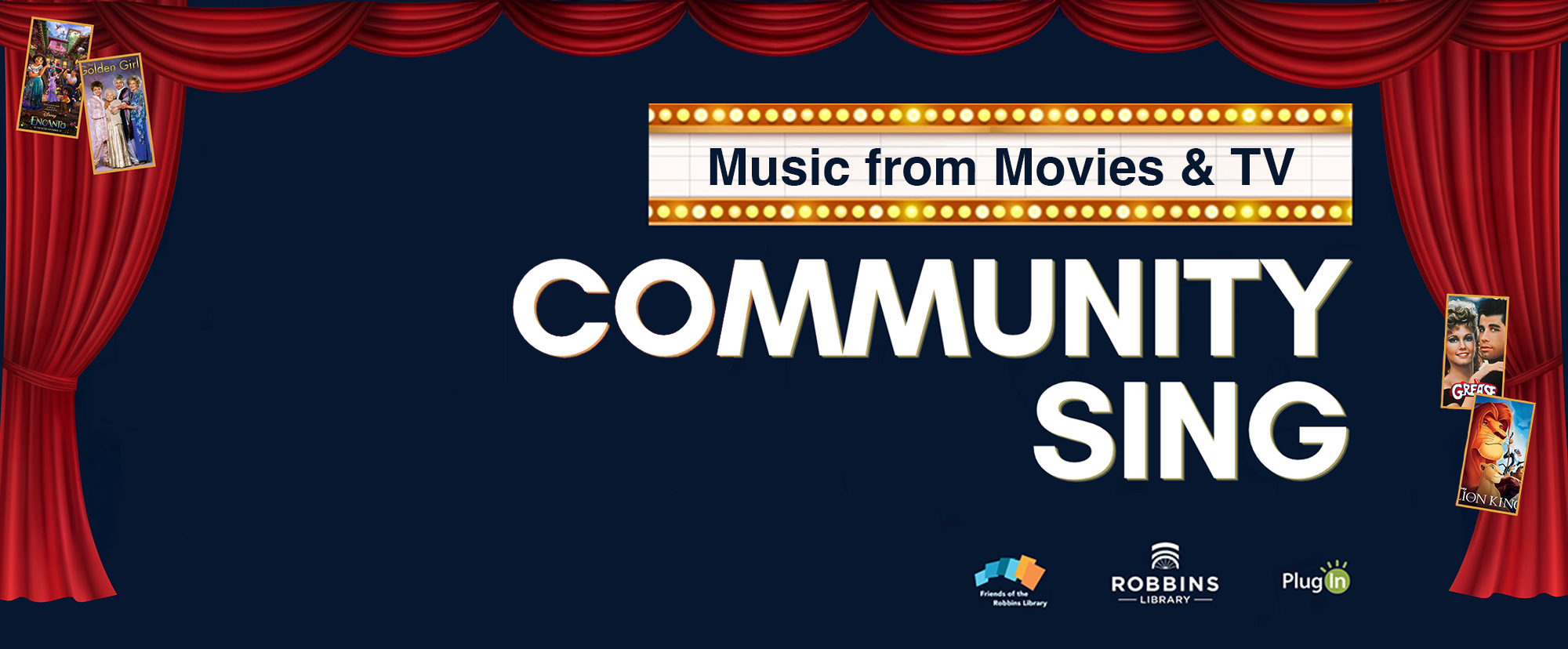 Graphic of red curtains with navy background, with information about the Community Sing event.